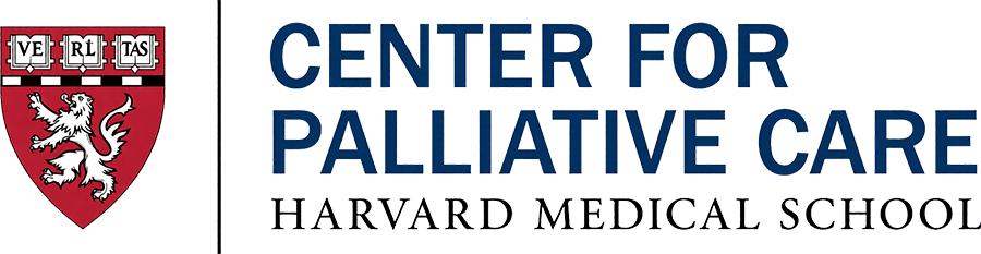 HMS Center for Palliative Care Logo - Dark blue sans-serif type over and black serif type with red shield to left showing a lion